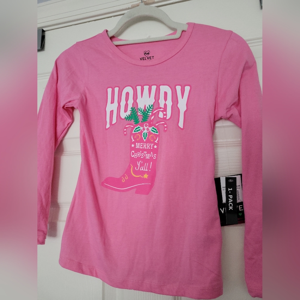 Pink Velevet Girl Pink Howdy Merry Christmas Ya'll Long Sleeve Cowboy Boot Shirt